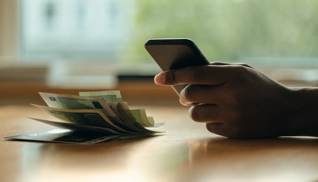 Kéz telefonnal és euró bankjegyekkel az asztaláztat