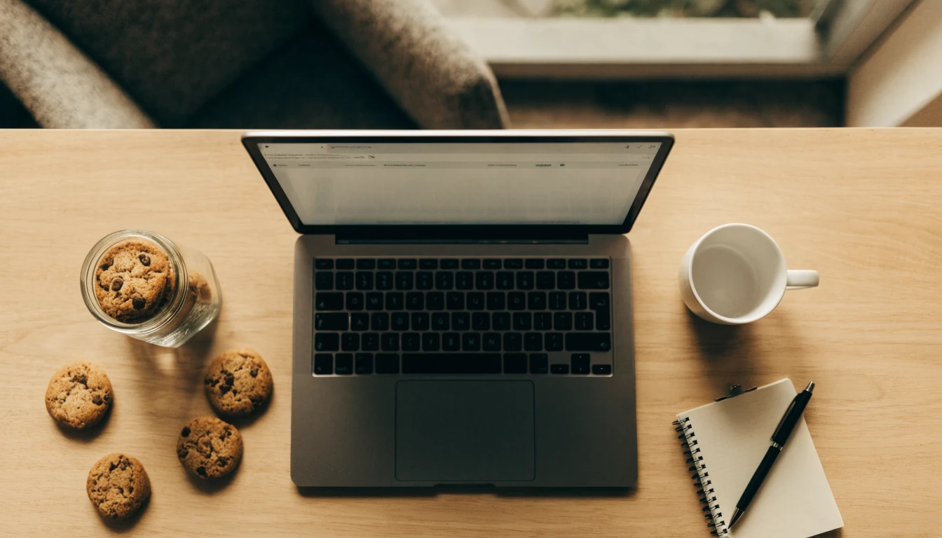 Asztalon nyitott laptop mellett sütis üveg, kávé és jegyzetfüzet