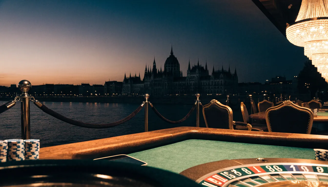 Budapesti esti panoráma és elegáns kaszinó hangulat zsetonokkal és rulettkerékkel